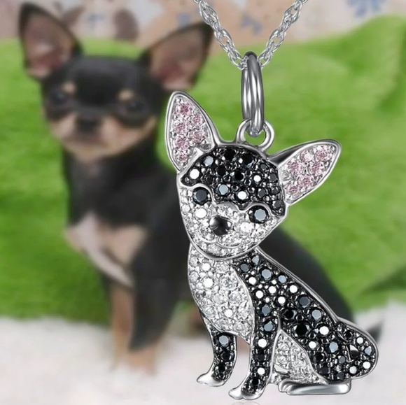 Black & White Chihuahua Rhinestone Pendant Necklace - Picture 4 of 6